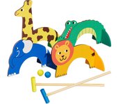 Relaxdays juego de croquet para niños, 2 jugadores, con mazo, pelotas y arcos, diseño de animales, madera, multicolor