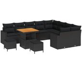 Conjunto de sofás de jardín de 12 piezas con cojines negro poliratán acacia, conjunto de comedor de jardín de 3 piezas con cojines negro poliratán aca