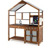 Cocina de barro de madera, cocina de juego al aire libre con techo, pizarra, estufas, fregadero extraíble y accesorios de cocina, para niños y niñas