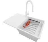 Primagran fregadero granito todo blanco 78x50cm, fregadero cocina 1 seno + sifón + accesorios, fregadero sobre encimera al mueble 50cm