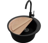 Primagran fregadero granito circular negro 53x53cm, fregadero cocina 1 seno + sifón + accesorios, fregadero sobre encimera al mueble 50cm - pisa max