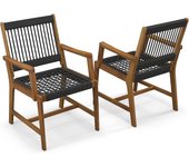 Juego de 2 sillas de jardín de madera de acacia, tejidas en cuerda, 2 sillas de jardín para terraza, jardín, patio trasero, carga 160 kg, 64x57x90 cm