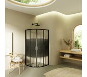 Bampara de ducha cuadrante moments of glass ella 90x90x190 cm con puertas correderas, perfiles negros y cristal transparente con lineas negras