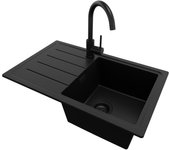 Primagran fregadero granito todo negro 70x44cm, fregadero cocina 1 seno + sifón + accesorios, fregadero sobre encimera al mueble 45cm