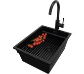 Primagran fregadero bajo encimera todo negro 36x47cm, fregadero granito 1 seno + sifón + accesorios, fregadero cocina al mueble 40cm - prague