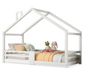 Cama casita para niños con instalación anticaída, 90 x 200 cm, somier de pino robusto - sin colchón, blanco