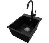 Primagran fregadero granito negro 38x50cm, fregadero cocina 1 seno + grifo 32x20cm + sifón, fregadero sobre encimera al mueble 40cm - riga