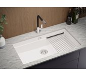 Primagran fregadero bajo encimera blanco 86x47cm, fregadero cocina 1 seno + sifón + enrollable escurridor, fregadero granito al mueble 90cm - prague