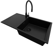 Primagran fregadero granito todo negro 90x50cm, fregadero cocina 1 seno + grifo 40x13cm + sifón, fregadero sobre encimera al mueble 60cm - ibiza