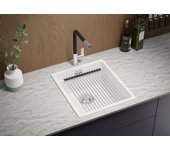 Primagran fregadero cocina blanco 41x47cm, fregadero granito 1 seno + sifón + accesorios, fregadero sobre encimera al mueble 45cm - prague slim