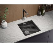 Primagran fregadero bajo encimera grafito 41x47cm, fregadero cocina 1 seno + sifón + enrollable escurridor, fregadero granito al mueble 45cm - prague