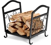Estantería decorativa para leña de chimenea de metal con asas, patas elevadas y elegante patrón, soporte para leña para chimenea, barbacoa y hoguera