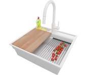 Primagran fregadero granito todo blanco 58x53cm, fregadero cocina 1 seno + sifón + accesorios, fregadero sobre encimera al mueble 60cm - oslo pocket