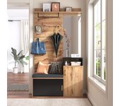 Set de entrada elegante negro y madera con espejo, zapatero, banco, ganchos y barra para ropa