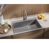 Primagran fregadero cocina gris 78x50cm, fregadero granito 1 seno + sifón, fregadero sobre encimera al mueble 80cm - riga