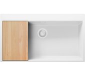 Primagran fregadero cocina todo blanco 88x50cm, fregadero granito 1 seno + sifón + tabla de cortar, fregadero sobre encimera al mueble 90cm - oslo