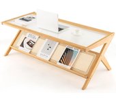 Mesa de centro de bambú, con tablero de vidrio y estante de ratán, mesa de café rectangular de 2 niveles, 120x56x44,5cm, carga 50kg, natural