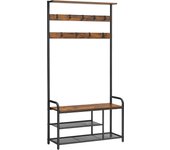 Perchero para recibidor con banco y zapatero integrado, estilo industrial, 30x85x180.5 cm, pasillo y dormitorio, marrón rústico y negro