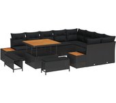 Conjunto de sofá de jardín de 12 piezas con cojines de ratán polipropileno negro y acacia, conjunto de comedor de jardín de 3 piezas con cojines de ra