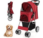 Coche plegable para perros y gatos con cesta de almacenaje y toldo ajustable, robusto carro en mdf, hierro y cómodo oxford, 81x44,5x100,5 cm, rojo