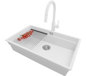 Primagran fregadero granito blanco 76x47cm, fregadero cocina 1 seno + sifón + accesorios, fregadero sobre encimera al mueble 80cm - prague slim