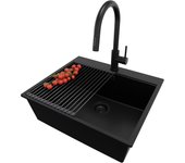 Primagran fregadero granito todo negro 58x50cm, fregadero cocina 1 seno + sifón + accesorios, fregadero sobre encimera al mueble 60cm - oslo