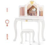 Tocador de niña con espejo led de 3 colores, tocador de maquillaje con taburete, espejo de 3 vías, accesorios, 2 en 1 tocador escritorio con