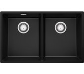 Primagran fregadero cocina negro 76x47cm, fregadero granito 2 senos + sifón, fregadero sobre encimera al mueble 80cm - london slim twin