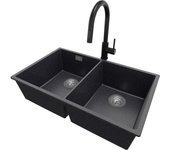 Primagran fregadero bajo encimera grafito 76x47cm, fregadero granito 2 senos + grifo 40x22cm + sifón, fregadero cocina al mueble 80cm - london twin