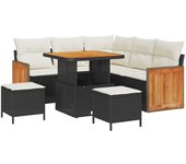Conjunto de sofá de jardín de 8 piezas con cojines negro poliratán acacia, sofá de jardín de 2 plazas con cojines negro poliratán, conjunto de comedor