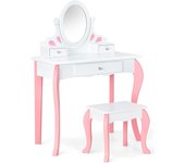 Juego de tocador para niños, exquisito tocador con taburete y espejo giratorio de 360° y 3 cajones, tocador de estilo princesa, tocador (blanco)