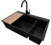 Primagran fregadero granito todo negro 78x50cm, fregadero cocina 2 senos + sifón + accesorios, fregadero sobre encimera al mueble 80cm - oslo duo