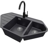 Primagran fregadero granito de esquina grafito 90x50cm, fregadero cocina 1,5 senos + sifón + accesorios, fregadero sobre encimera al mueble 80cm