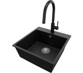 Primagran fregadero granito negro metallic 48x50cm, fregadero cocina 1 seno + grifo 40x22cm + sifón, fregadero sobre encimera al mueble 50cm - riga