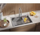 Primagran fregadero cocina gris 68x50cm, fregadero granito 1 seno + sifón + enrollable escurridor, fregadero sobre encimera al mueble 70cm - oslo