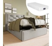 Cama individual 90x200cm,cama con somier de metal, moderno somier con espacio de almacenamiento, algodón, gris claro(con colchón)