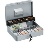 Relaxdays caja dinero con llave, bandeja monedas y 4 espacios billetes, cajita hierro, 8,5x30,5x24,5 cm, plateado