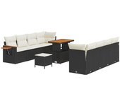 Conjunto de sofá de jardín de 11 piezas con cojines negro poliratán, conjunto de comedor de jardín de 3 piezas con cojines negro poliratán