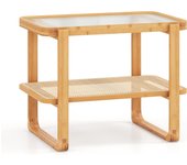 Mesa auxiliar de bambú de sofá con tablero de cristal liso y estante de ratán, de 2 niveles con patas antideslizantes, para salón y estudio