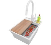 Primagran fregadero granito todo blanco 38x53cm, fregadero cocina 1 seno + sifón + accesorios, fregadero sobre encimera al mueble 40cm - oslo pocket