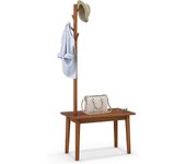 Perchero de madera con banco, puerta de entrada con mesa auxiliar, 4 ganchos redondeados, de madera, para sombrero, carga 150kg, 76x43x168 cm (marrón)