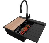 Primagran fregadero granito negro 62x50cm, fregadero cocina 1 seno + sifón + accesorios, fregadero sobre encimera al mueble 45cm - sydney