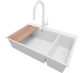 Primagran fregadero granito todo blanco 78x50cm, fregadero cocina 2 senos + sifón + accesorios, fregadero sobre encimera al mueble 80cm - oslo duo