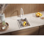 Primagran fregadero cocina blanco 36x47cm, fregadero granito 1 seno + sifón + accesorios, fregadero sobre encimera al mueble 40cm - prague slim