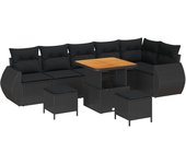 Conjunto de sofá de jardín de 9 piezas con cojines negro poliratán acacia, conjunto de comedor de jardín de 3 piezas con cojines negro poliratán acaci