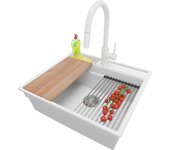 Primagran fregadero granito blanco 58x53cm, fregadero cocina 1 seno + sifón + accesorios, fregadero sobre encimera al mueble 60cm - oslo pocket