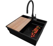 Primagran fregadero granito todo negro 58x53cm, fregadero cocina 1 seno + sifón + accesorios, fregadero sobre encimera al mueble 60cm - new york