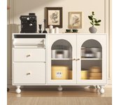 Aparador blanco moderno con puerta de vidrio estriado y toallero integrado, mueble de almacenamiento elegante para cocina y comedor