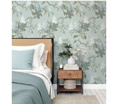 Papel pintado de ramas con hojas verdes y flores azules elegantes fondo agua marina - blooming serenade 683426 de gaulan - rollo de 10 m x 0,52 m