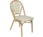 Silla de jardín estilo bistró parisino en aluminio y ratán verde.